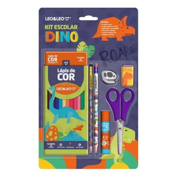 KIT ESCOLAR DINO 12 LAPIS/TESOURA/COLA/APONTADOR LEOELEO