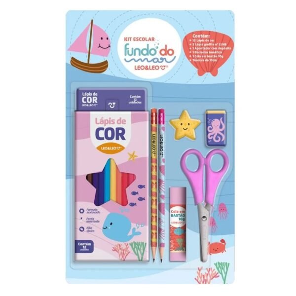 KIT ESCOLAR MAR 12 LAPIS/TESOURA/COLA/APONTADOR LEOELEO